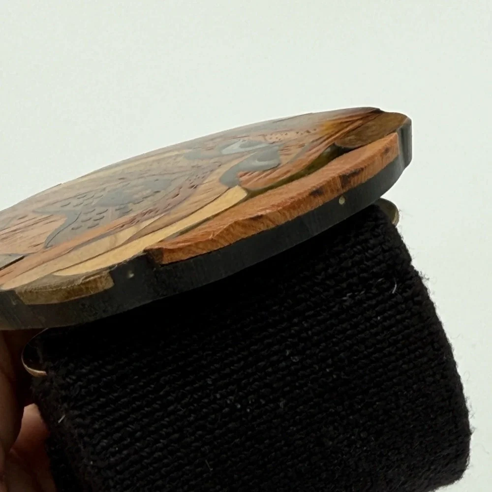 Vintage Artisan Shar-Pei Dog Face Inlay Intarsia Wood Buckle Belt Folk Art Retro